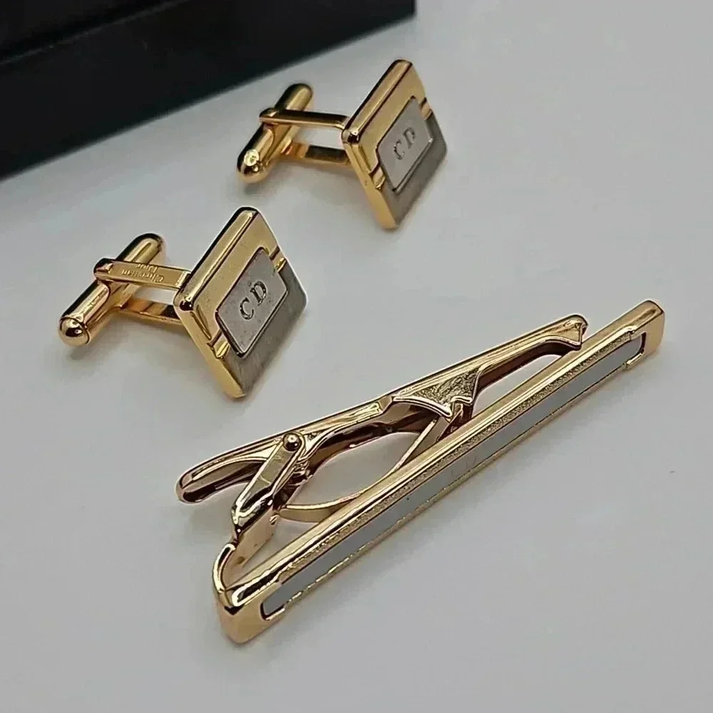 Christian Dior CD Logo Bullet Back Gold and Silver Tone Cufflinks with Tie bar
